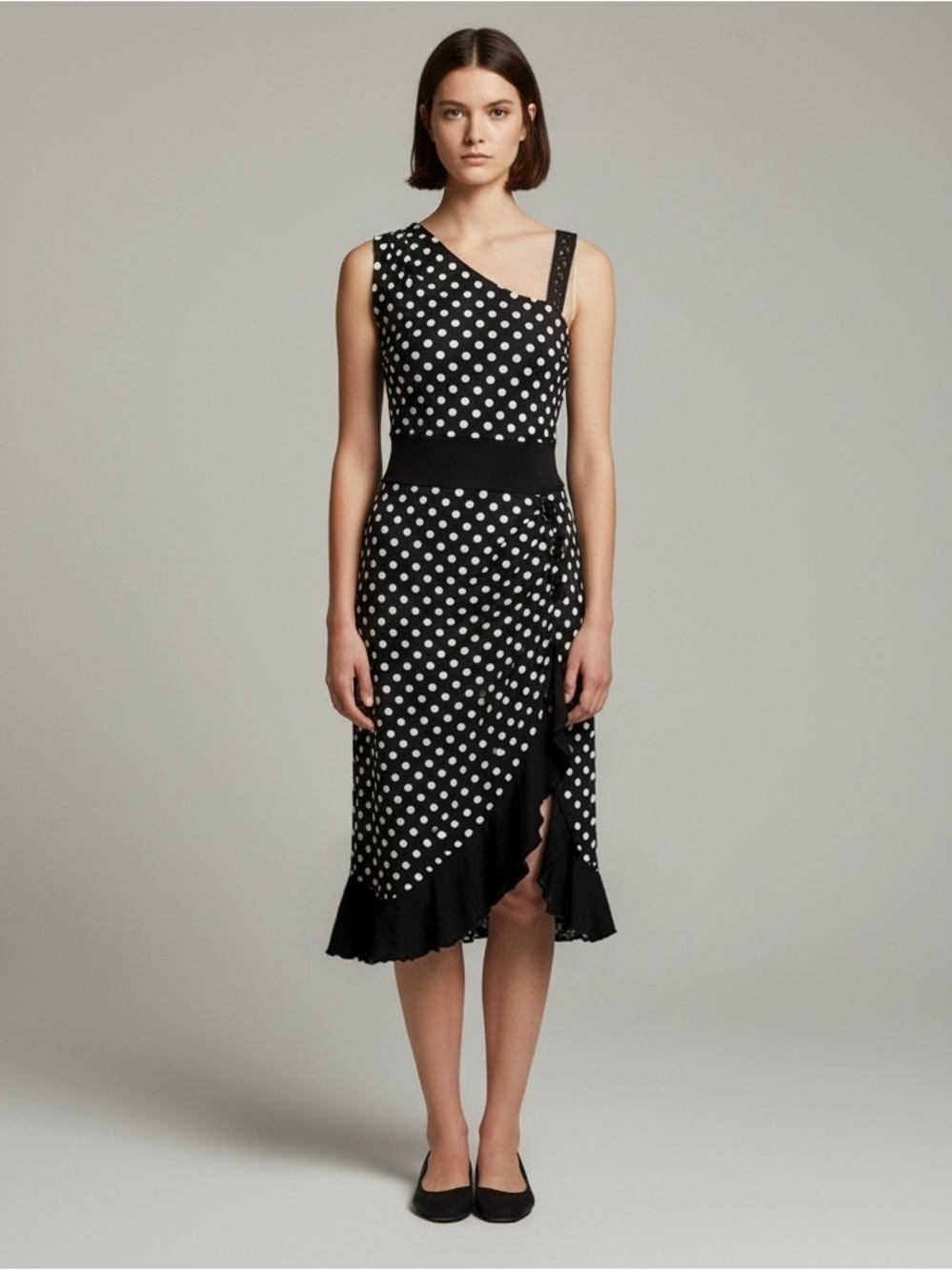 Vintage Kivenst Asymmetrical MIDI Polkadot Dress Ruffled Flounce Hem Black White